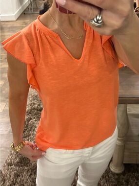 Bright Orange Flutter Sleeve V-Neck Top